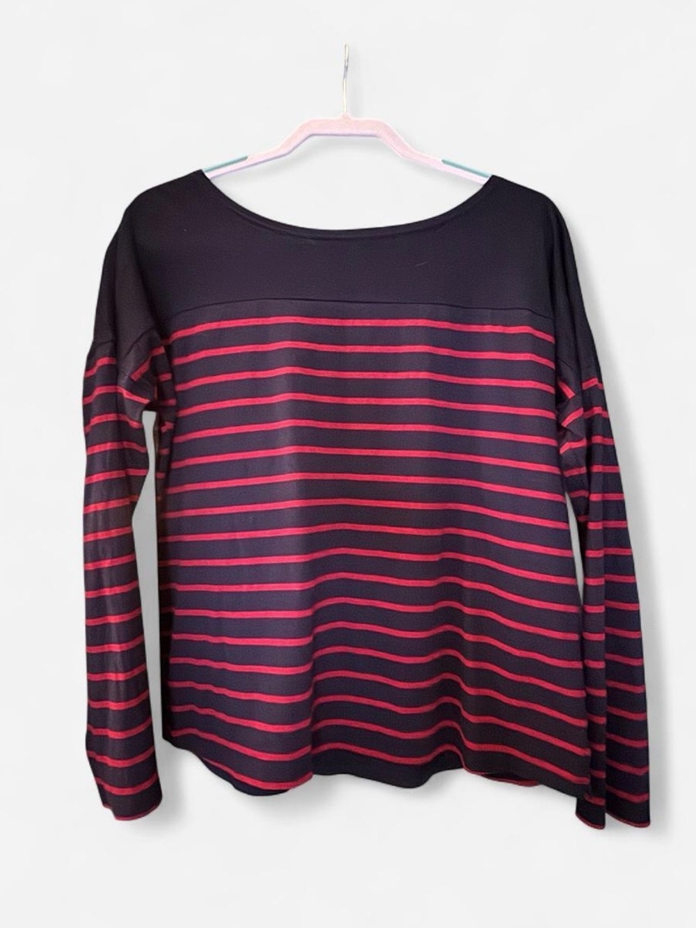 Navy & Red Striped relaxed fit lightweight Long-Sleeve Boatneck Top